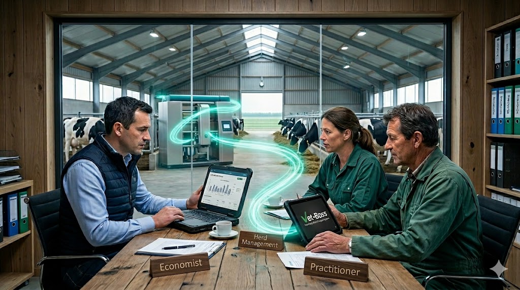 Farmer and vet reviewing herd data together