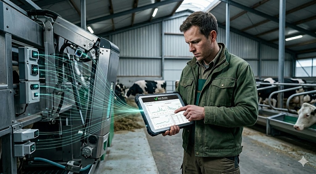 Connected farmer in the barn